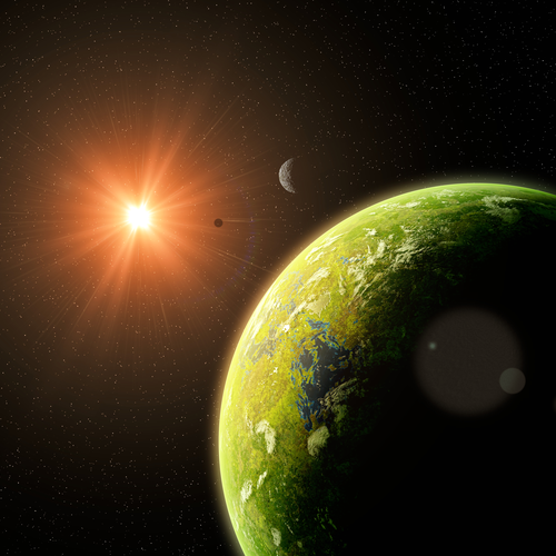 Green planet in space, at the foreground, with sun and planet in the background